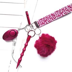 Heart Wristlet Keychain with Pom Pom & Self Defense Tools